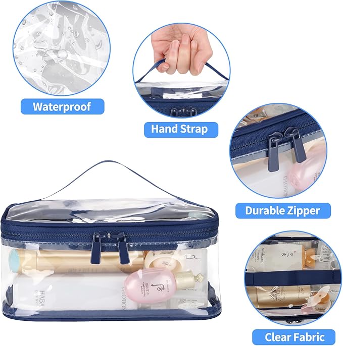 HAOGUAGUA 2 Pieces Clear Makeup Bags Cosmetic Toiletry Bags for Traveling, Waterproof Travel Transparent TSA APPROVED Carry On Airport Airline Compliant Bag (2 PIECES BLUE)