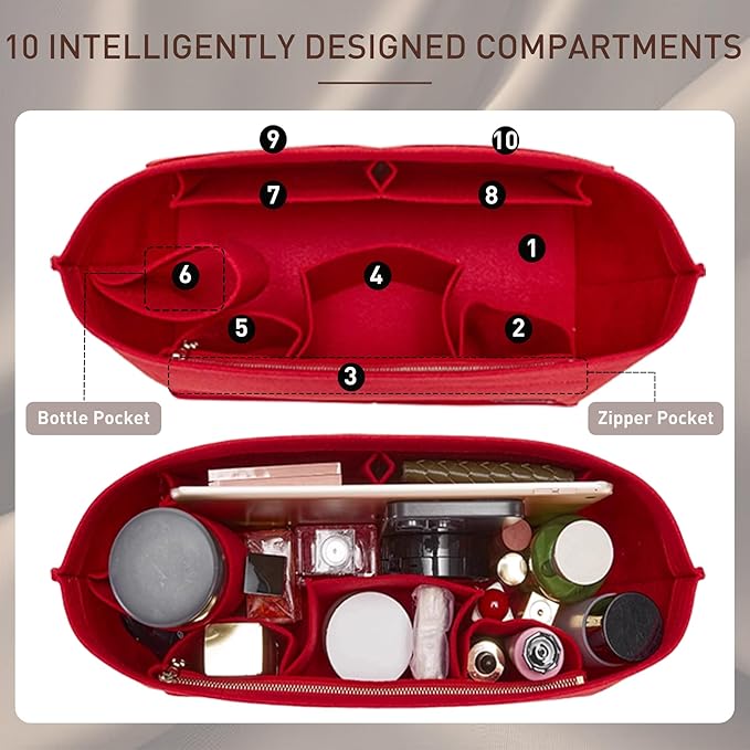 Doxo Purse Organizer Insert for Handbags & Base Shaper 2pc Set,Felt Organizer Insert Large Tote,Bag Organizer with Zipper 7 Sizes,Fit Speedy Neverfull MM/Speedy 30 and More(Red-L-Combination)