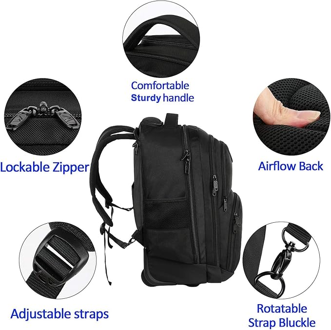 MATEIN Wheeled Backpack, 18 inch Laptop Backpack with Wheels for College, Rolling Travel Backpack, Carryon Trolley Luggage Suitcase Compact Business Computer Bag for Men Women, Black