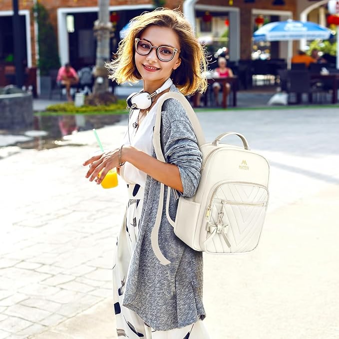 MATEIN Cute Backpacks for Women, Mini Stylish Daypack Purse, Waterproof Anti-theft Travel Casual Daily Rucksack Shoulder Handbag for Work College Dating, 2pcs Sets, Beige