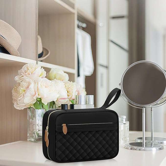 Travel Toiletry Bag for Women with Hanging Hook, Waterproof TSA Approved Cometic Toiletry Bag Organizers Leakproof Make up Bags for Women Black
