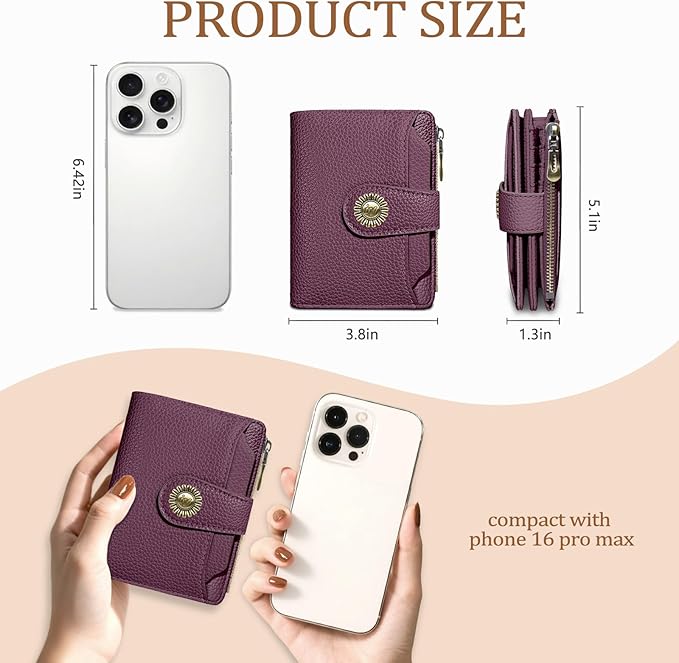 Icycay Small Wallet Women RFID Blocking Bifold, Credit Card Holder, Zipper Coin Pocket, PU Leather, Compact Travel, 4 ID Window, 14 Card Slots, Cash Purse, Ladies Woman Female Girls