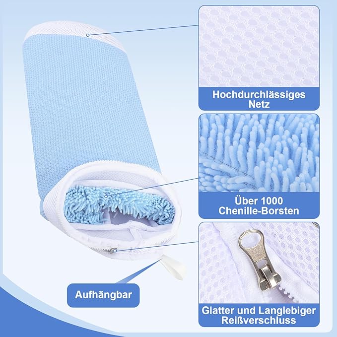 Shoe Washing Machine Bags, 2 PCS Reusable Blue+White Chenille Laundry Bags for Washing Machine, 360 Wrap-Around Clean Shoe Laundry Bags with Hidden Zipper