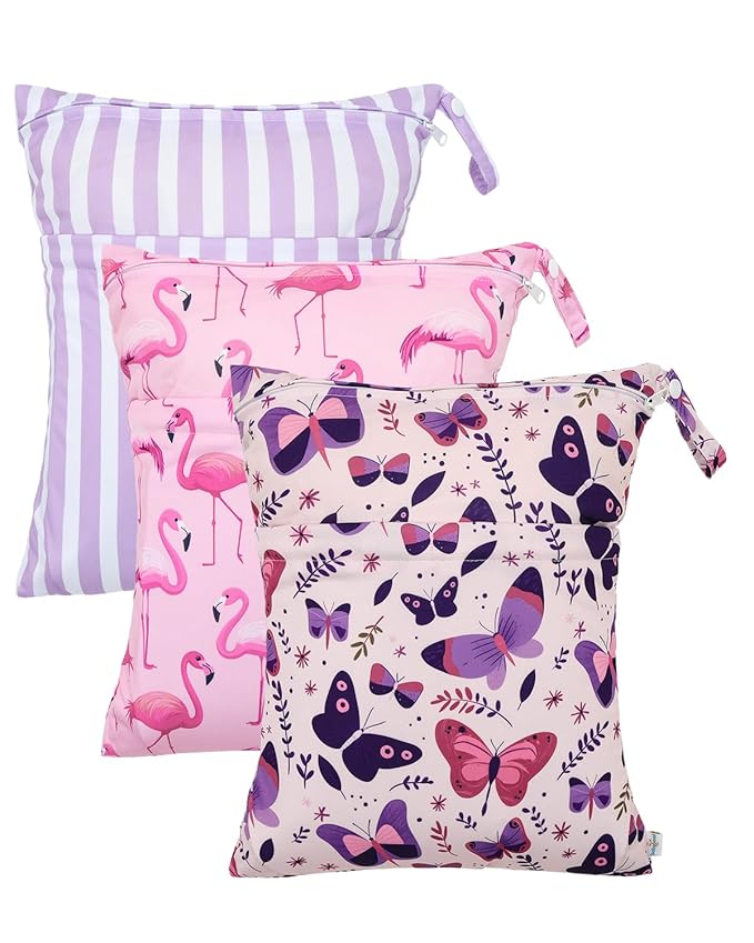 babygoal Wet Dry Bags 3 Pack, Waterproof Travel Bags for Swimsuits, Beach, Pool, Gym,Food Storage and Wet Clothes(Butterfly,Flamingo,Stripe),3LN44-B