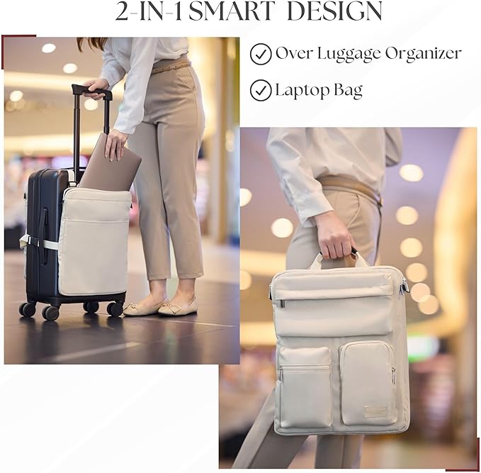 BAREFOOT CARIBOU Over Luggage Organizer for Carry On Bag or Suitcase with Storage Pockets, 16” Laptop Sleeve with Handle, Travel Accessories Bag Slide On Luggage Harness with Adjustable Straps (Ivory)