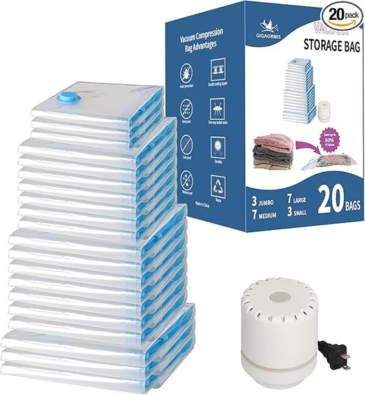 20 Pack Space Saver Vacuum Storage Bags for Clothing Travel, Vacuum Seal Compression Bags for Clothes, Packing, Luggage, Blankets, Comforters and Pillows, Electric Pump Included