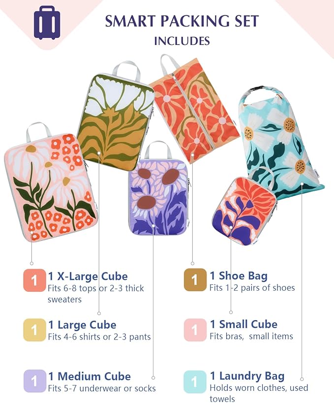 Gonex Compression Packing Cubes, 6pcs Expandable Storage Travel Luggage Bags Organizers with Shoe Bag Laundry Bag, Travel Cubes for Suitcase Carry On (Flowers)