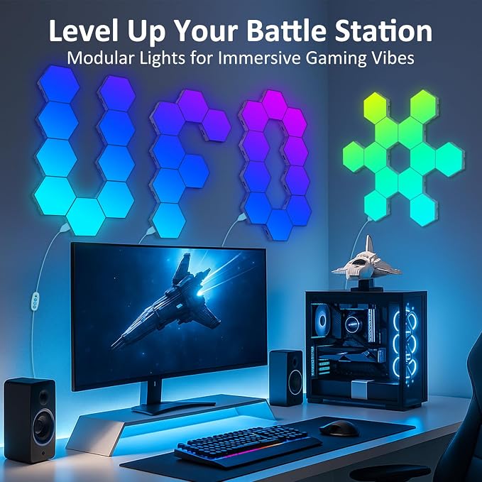 12 Pack Hexagon LED Wall Light Panels – RGB Smart Lights with APP & Remote, Music Sync Honeycomb Design – Modular Gaming Wall Decor for Bedroom, Kids Room, and Living Room