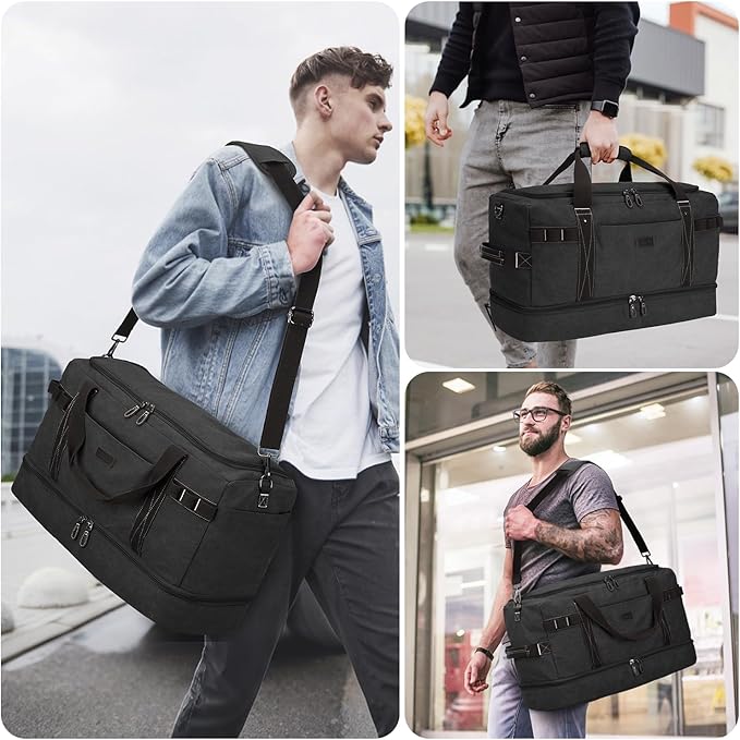 ZOMFELT Travel Duffle Bag for Men, 45L Carry On Luggage 22x14x9 Airline Approved, Waterproof Canvas Overnight Duffel Bag with Removable Dividers, Weekender Gym bag with Shoe Pocket (Washed Black)