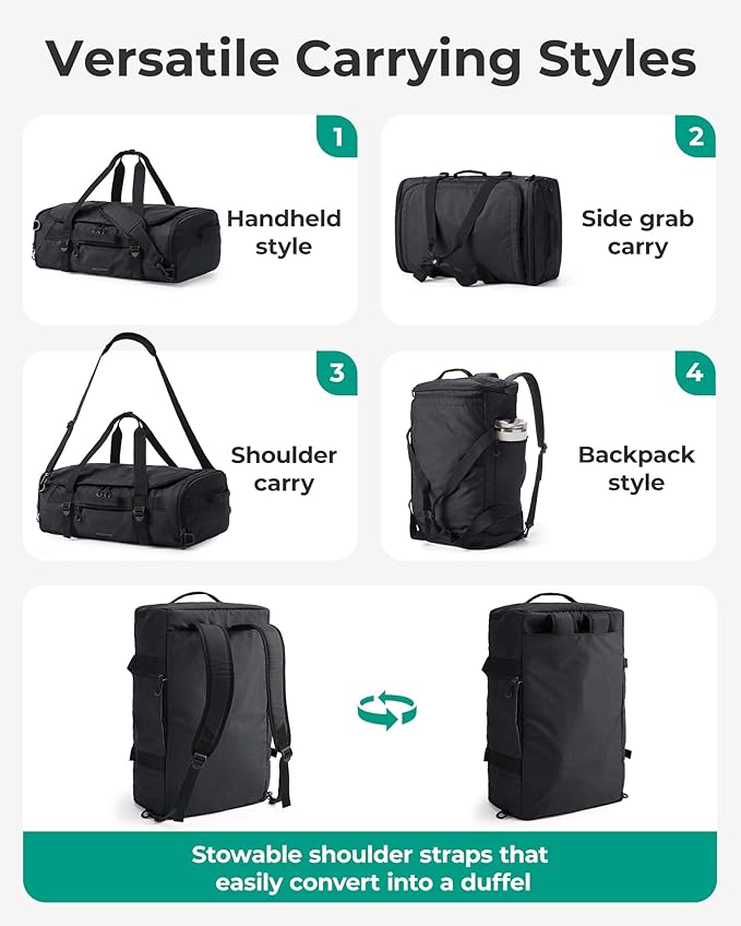 BAGSMART 4-IN-1 Duffle Bag for Travel, 40L Travel Bag Gym Duffle, TSA Carry on Backpack with Shoes Compartment & Wet Pocket, Water-resistant Workout Duffel, Black