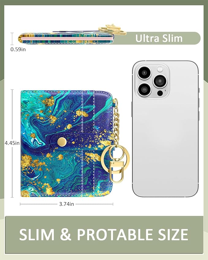 Aiawoxc Womens Wallet, RFID Small Wallets for Women, Slim Compact Credit Card Holder, Cute Leather Bifold Ladies Purse with Zipper Coin Pocket and ID Window, Ocean Marble