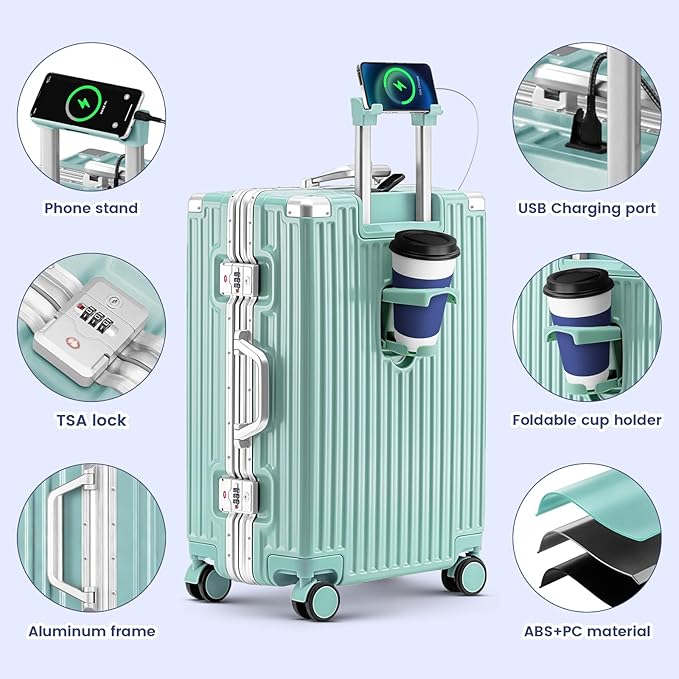 Zipperless Suitcase, 28 Inch Checked Luggage, Hardshell Aluminum Frame Polycarbonate Luggage with Phone Holder, Cup Holder, Charging Port, TSA Lock, Spinner Wheels for Vacations, Mint Green