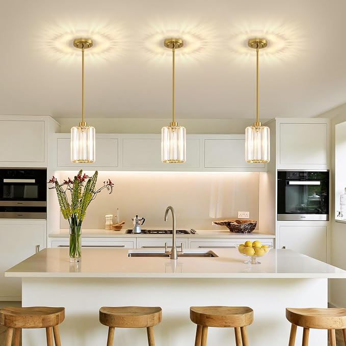 3 Pack Pendant Lights Kitchen Island, Modern Gold Pendant Light Fixtures, Mini Chandelier Crystal Kitchen Island Lighting, Hanging Pendant Lights Fixture for Kitchen Island Dining Room Hallway Foyer