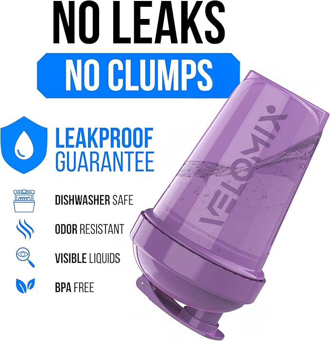 VELOMIX -2 Pack- 20 oz Protein Shaker Bottles for Protein Mixes - 2x Wire Whisk | Leak Proof Shaker Cups for Protein Shakes and Pre Workout | Protein Shaker Bottle Pack (Purple/Black)