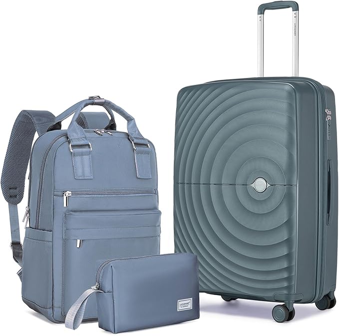 LARVENDER Carry On Luggage 22x14x9 Airline Approved, Expandable PP 20 inch Carry On Suitcases with Wheels, Lightweight Luggage Sets 3 Pieces for Women(GREY GREEN/20/BP/TB)