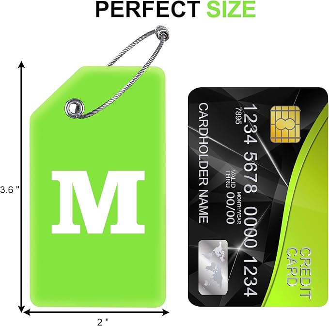 Gostwo 8 Pack Luggage Tags for Suitcases, 26 Initial Letter Travel Luggage Baggage Identification Labels ID Tags Fully Bendable Tags with Stainless Steel Loop (Letter M, Green)