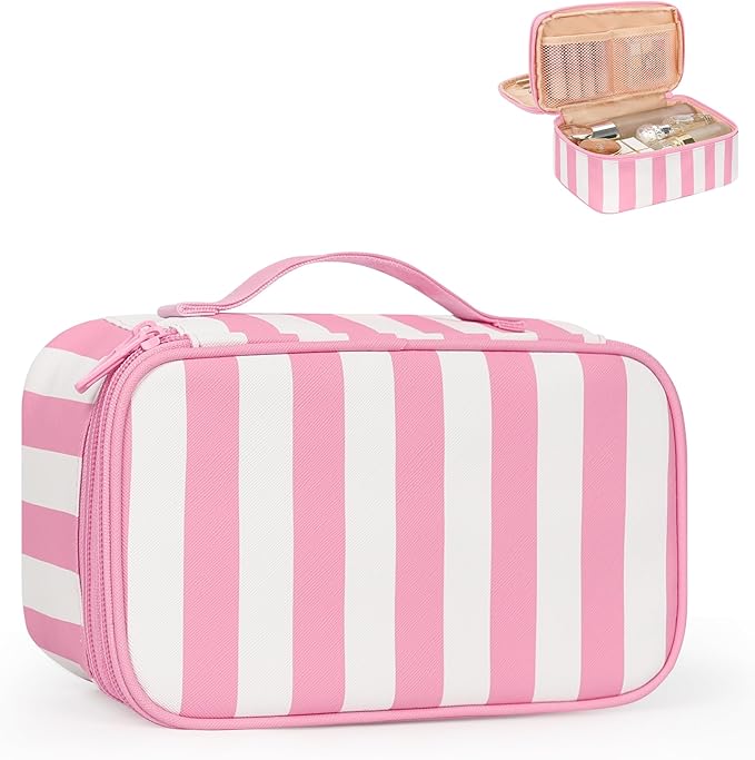 Relavel Travel Makeup Bag, Small Floral Cosmetic Bag with Makeup Brush Compartment, Portable Makeup Pouch for Women, Double Layer Makeup Organizer Bag Cute Toiletry Bag, Wide Strip