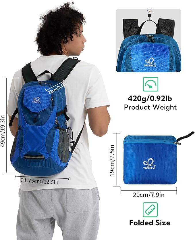 WATERFLY Lightweight Packable Hiking Backpack: 30L Foldable Travel Daypack Ultralight Camping Day Pack for Woman Man