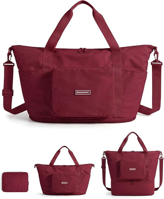 BAGSMART Foldable Travel Bag, 37L Duffle Bag for Travel, Expendable Carry on Weekender Duffel, Lightweight Personal Item Bag, Pomegranate Red
