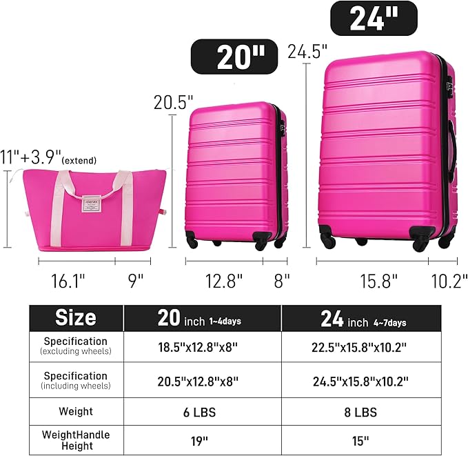 Merax Luggage Sets 2 Piece Expandable Hardside Luggage with Travel Bag Suitcase Set with Spinner Wheels(20+24+bag,Pink-1)