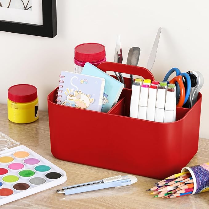 Multiuse Caddy Organizer with Handle, Portable Divided Plastic Tote Bin - Art Craft, Stationary Pen Marker Crayons, Makeup Hair Supplies Storage - Bathroom, Classroom, Dorm, Office, Desk Holder - Red