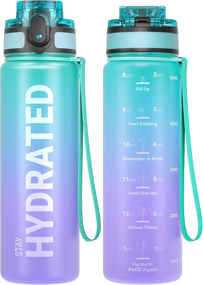 Sahara Sailor Water Bottle, 32/25/17oz Durable and Leakproof Water Bottles Motivational with Time Marker, Tritan, BPA Free, Wide Mouth with Easy Clean Brush for Gym, Travel, School, Office (1 Bottle)