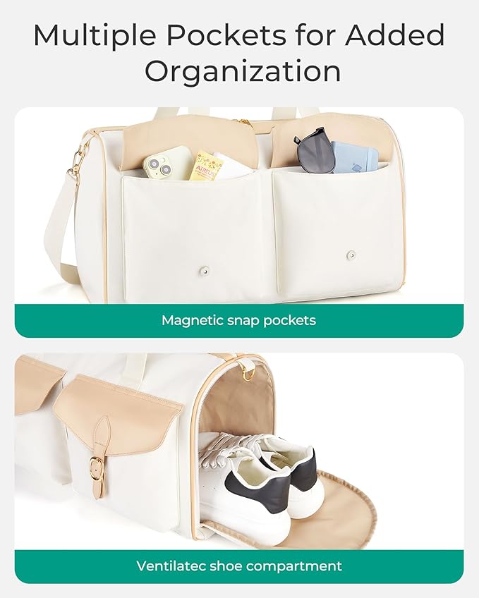 BAGSMART Duffel Bag for Women, Vintage Weekender Bags for Women, Overnight Gym Carry on Personal item for Travel, Beige