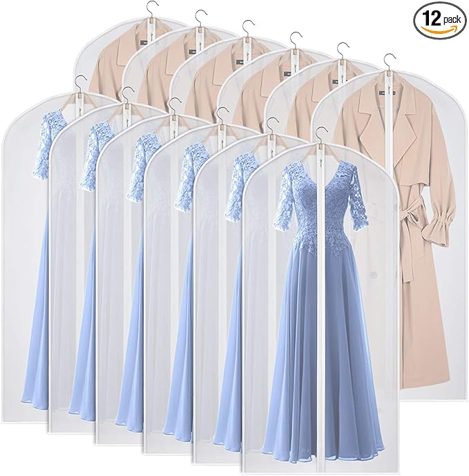 Kntiwiwo 60'' Garment Bags Dress Bag for Storage (Set of 12) Dust-Proof Suit Protector Cover Bag with Zipper for Long Dresses, Suit, Coat Closet Clothes Storage
