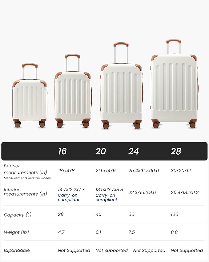 Luggage Sets 6 Piece, Hardside Suitcase with Wheels, TSA Approved,Tote Bag, White Brown