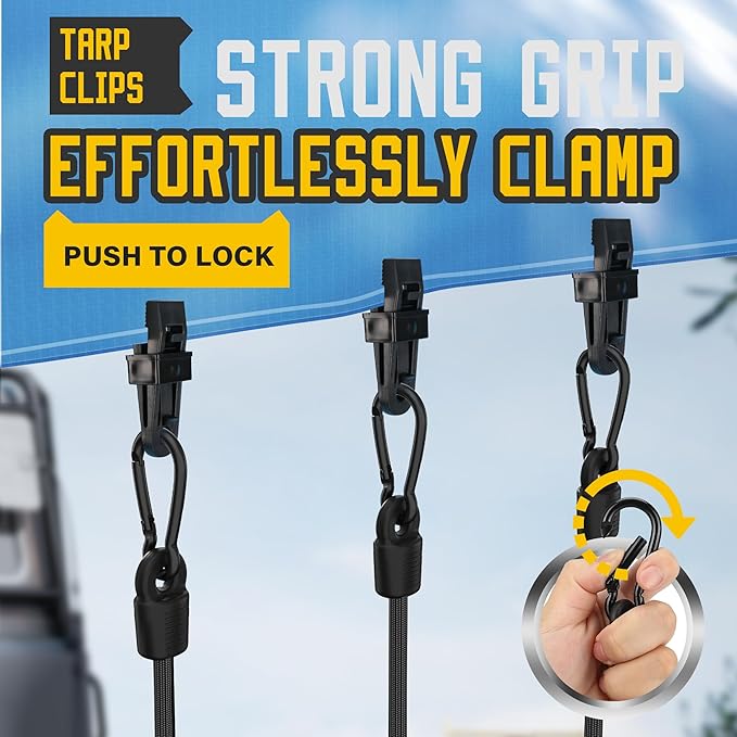 Rugtol Bungee Cords with Hooks, Upgrade 12pcs Assortment Heavy Duty Outdoor with 48'' Adjustable Bungee Cords Carabiner Black, 6'' Canopy Tarp Ball Ties and Tarp Clips for Tents, Cargo, Camping