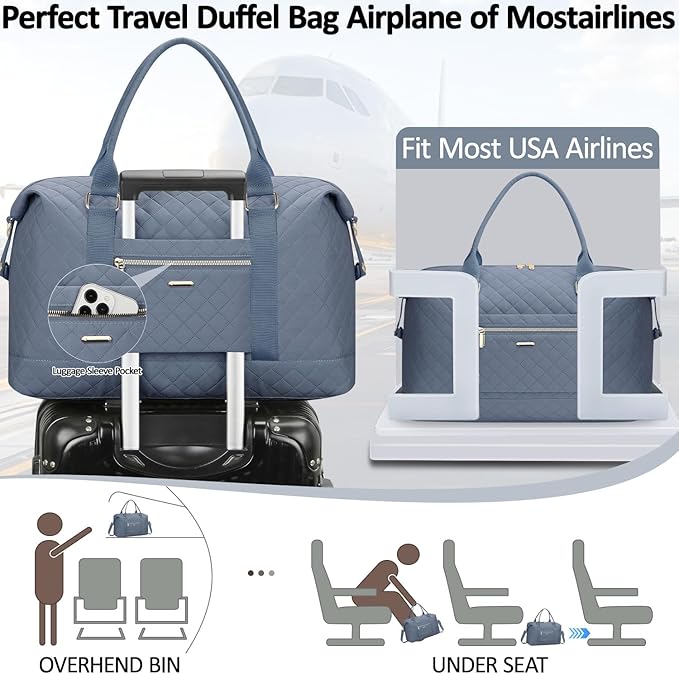 Quilted Travel Duffle Bag for Travel Women with Toiletry Bag, Large Weekender Bags for Women Carry on Duffel Overnight Bag, Waterproof Travel Tote Bags for Sports, Weekender, Business, Blue