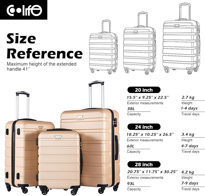 Coolife Luggage 3 Piece Set, Lightweight Durable Hardshell Suitcase set with 360° Spinner Wheels, TSA-approved Lock, Checked Family Travel Luggage sets, 20/24/28 Inch, Red