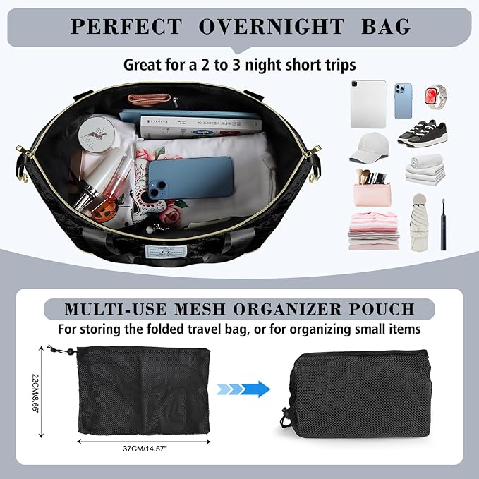 Geestock Travel Duffel Bag, Weekender Bags for Women, Carry on Overnight Bag with Shoe Compartment & Trolley Sleeve, Personal Item Travel Bags with Storage Pouch for Travel, Yoga, Gym, Hospital, Black