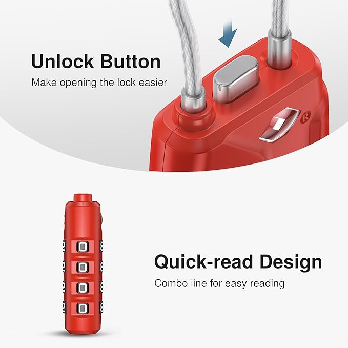 Puroma 2 Pack TSA Approved Luggage Lock, 4 Digit Combination Travel Cable Locks Resettable Code Lock with Zinc Alloy Body for Suitcase, Toolbox, Backpack, Bag, Gym Locker (Basic Red)