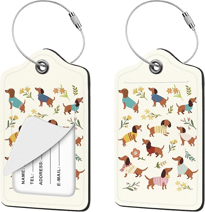 2 Pcs Dachshund Dog Floral Luggage Tag for Suitcases, Cute PU Leather Suitcase Tag Privacy Cover ID Label with Metal Loop, Personalized Baggage Identifier for Cruise Bag Travel Essentials