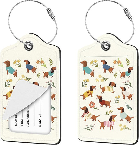 2 Pcs Dachshund Dog Floral Luggage Tag for Suitcases, Cute PU Leather Suitcase Tag Privacy Cover ID Label with Metal Loop, Personalized Baggage Identifier for Cruise Bag Travel Essentials