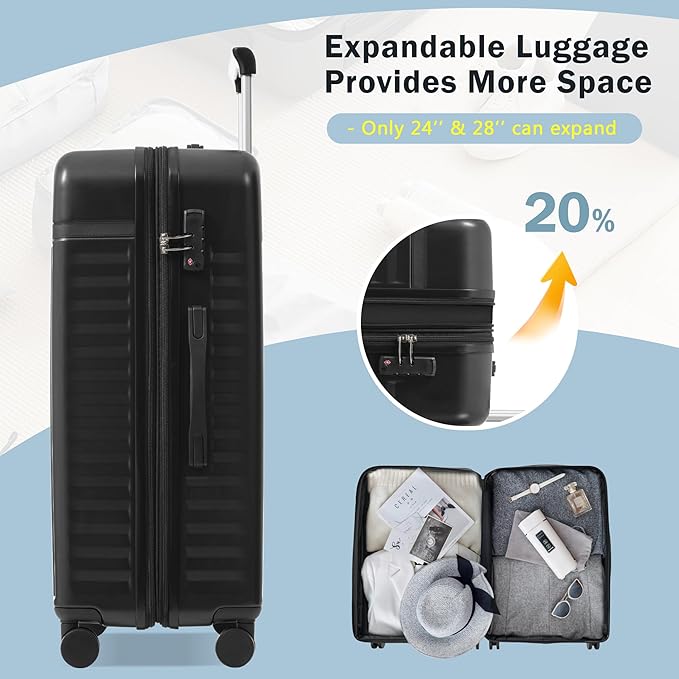Merax Luggage Sets 2 Piece Front Opening, Hardside Lightweight Carry on Suitcase with USB Port,Durable Expandable Luggage with Bags Spinner Wheels and TSA Lock,Black