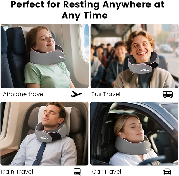 Teemour Travel Neck Pillow Airplane- Upgraded Memory Foam Neck Pillow for Airplanes 360° Support Desing, with Eye Mask & Earplugs, Portable Carry Bag for Long Flights, Business Trip|Travel Essentials