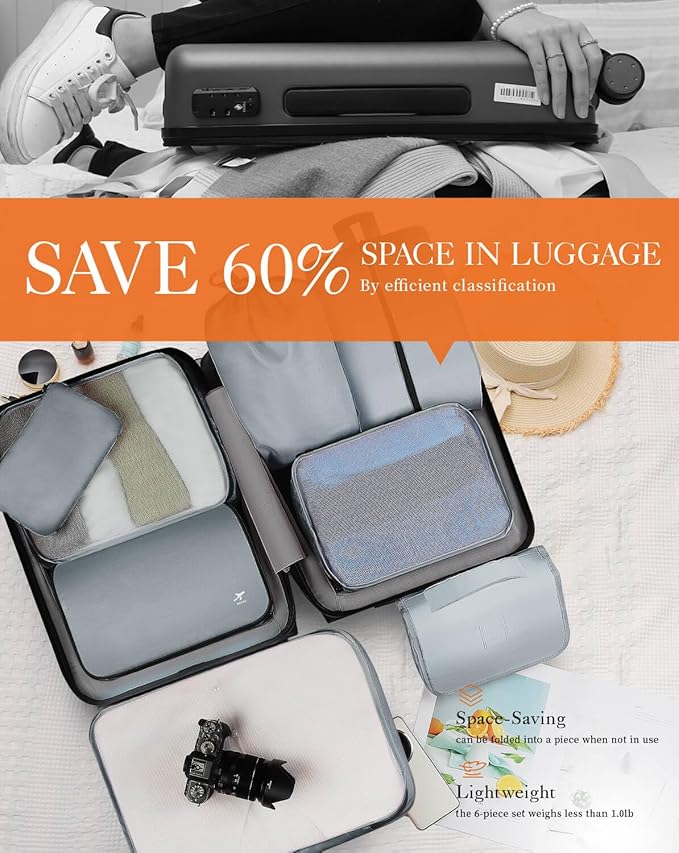 HOTOR Packing Cubes for Suitcases - 8 Pieces, Light Packing Cubes for Travel, Premium Suitcase Organizer Bags Set, Space-Saving Luggage Organizers, Travel Accessories and Essentials, Grey