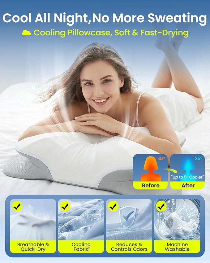 Cervical Pillow for Neck Pain Relief, 4-Height Adjustable Oeko-TEX Memory Foam Contour Pillow for Sleeping, Ergonomic Orthopedic Cooling Neck Pillow for Side Back Stomach Sleepers, Arm Support