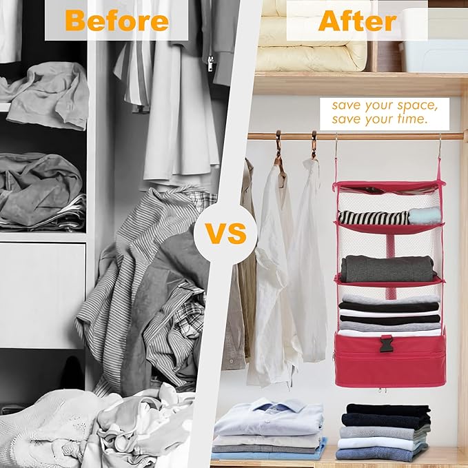 Surblue Hanging Closet Storage Bag Collapsible 3-Shelf Washable Oxford Fabric with 2 Hooks (XL 17.71 * 11.81 * 20in, Blue)