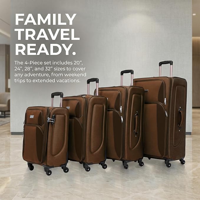 4 Piece Softshell Expandable Luggage Sets, Lightweight Travel Suitcase Set with Lock and 360°Swivel Spinner Wheels, Durable Softside Luggage, 20 in/24 in/28 in/32 in, Brown