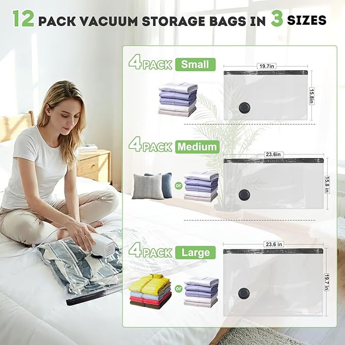 Mapambo Vacuum Storage Bags with -60000Pa USB Pump, 12 Pack Vacuum Seal Bags for Clothing Travel in 3 Sizes, Travel Vacuum Bags with Pump, Saving up to 80% of Luggage Space (12 Combo Size)