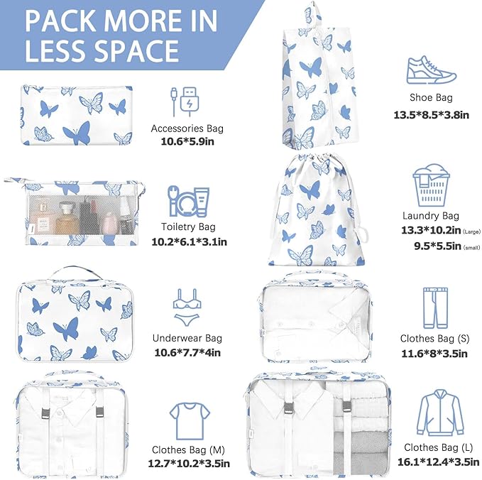 KPX 8 Set Packing Cubes for Travel, Luggage Packing Organizers Accessories Large Toiletries Bag for Clothes Shoes Cosmetics (8Set-Butterfly)