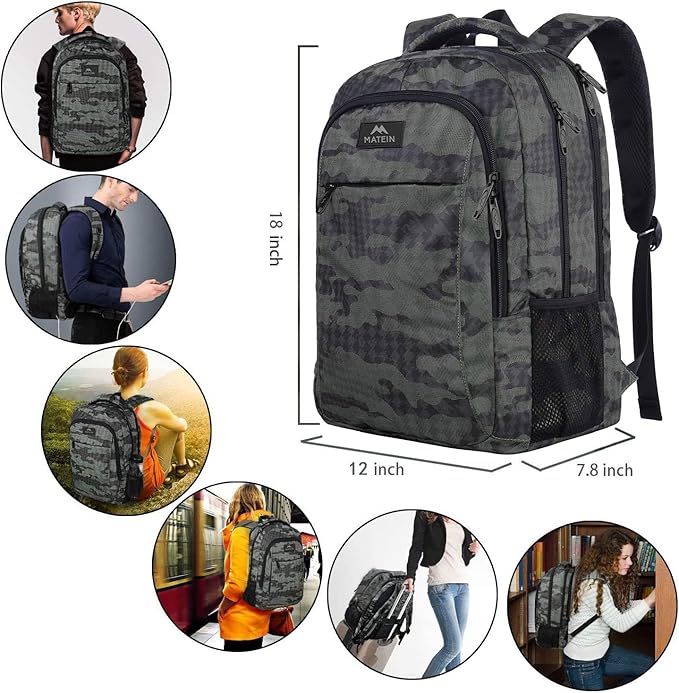 MATEIN Travel Computer Backpack, Sturdy College School Backpack for 15.6 Inch Laptop with Anti Theft Back Pocket, Lightweight Bookbag Carry On Personal Item Bag Casual Daypack Gift for Women & Men