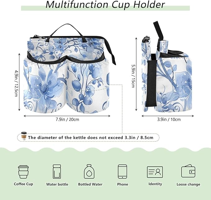 Watercolor Flower Blue and White Luggage Cup Holder Travel Portable Free Hand Drink Carrier Suitcase Drinks Beverage Holder Carry-On Bottle Mug Holder Organizer Bag Travelers Accessories