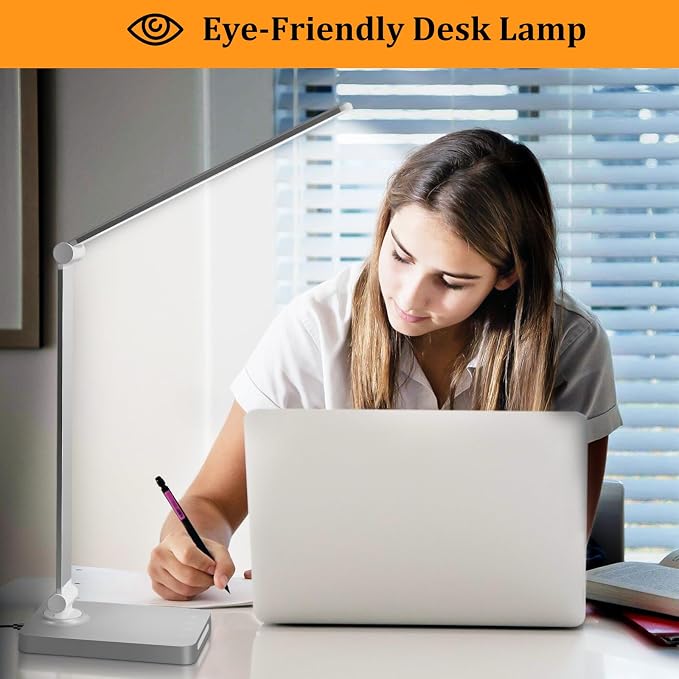 Dott Arts LED Desk Lamp with USB Ports,Touch Desk Lamps for Home Office with 5 Color Modes,3 Brightness Desk Light with Small Night Light,Reading Lamp Table LED Lamp for Bedroom Bedsid Study Sliver | 3 Brightness Desk Light with Small Night Light,Readi...