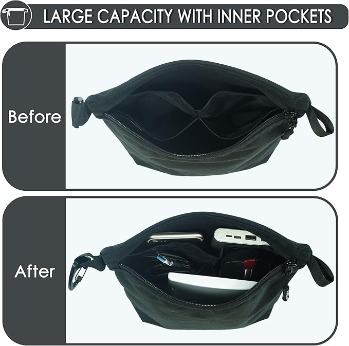 YUMQUA Small Pouch for Travel Essentials, Makeup Pouch Bag with Carabiner Clip on Backpack Dopp Kit Storage Organization for Toiletries, Cosmetics, Tech, Tools, Water Resistant 500D Nylon (Black)