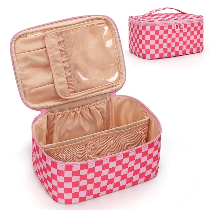 OCHEAL Makeup Bag Portable Cosmetic Bag For Women, Large Capacity Travel Makeup Case Organizer, Toiletry Bag for Girls Traveling With Handle and Divider-Pink
