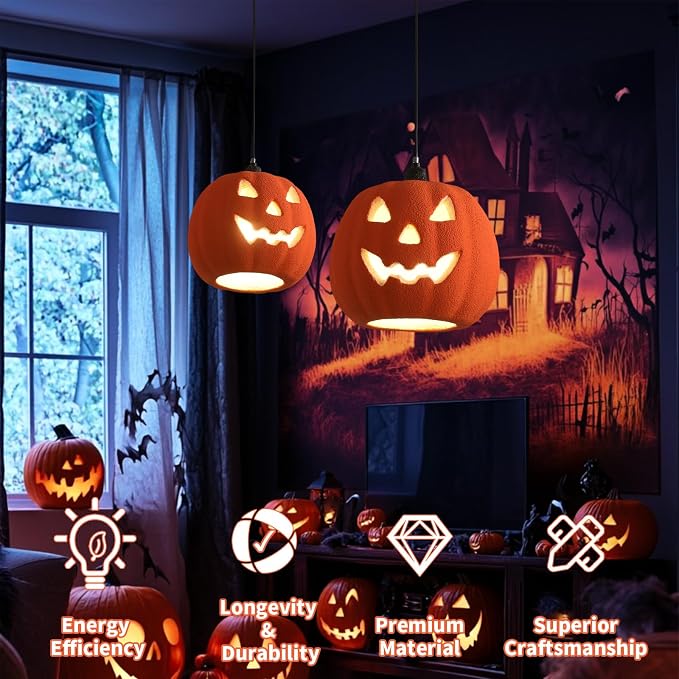 JAYMP Halloween Light Up Pumpkin Pendant Light, Jack O Lantern, Living Dining Room Hanging Lamp E26 Base Lighting Fixture (Orange, 12.6in Small Size)